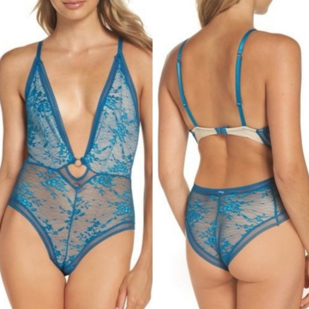 Intimately Free People FP No Trace Lace Bodysuit Teal Blue XS OB831127 SHEER EUC